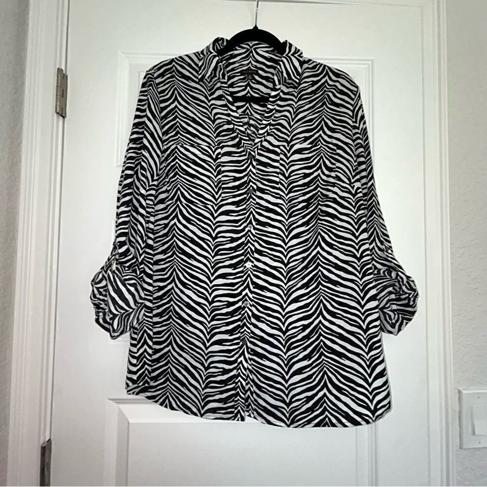 Talbots Zebra Print Button Front Roll Tab Sleeve Blouse Top